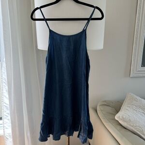 Blue Island lightweight denim sleevelessRuffled BOHO jeanDress cord straps